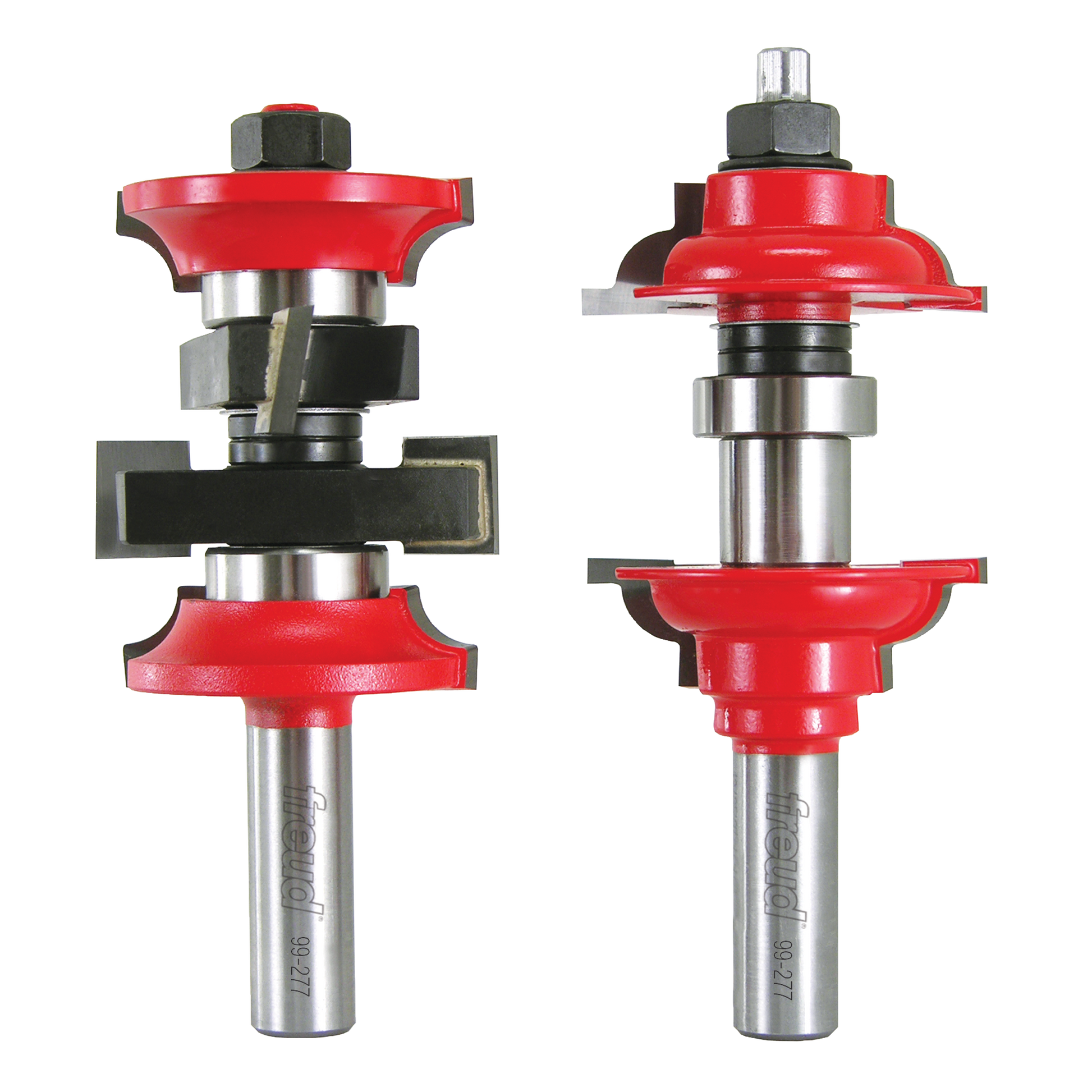 Two red and silver router bits with interchangeable cutting heads and black components on metal shanks.