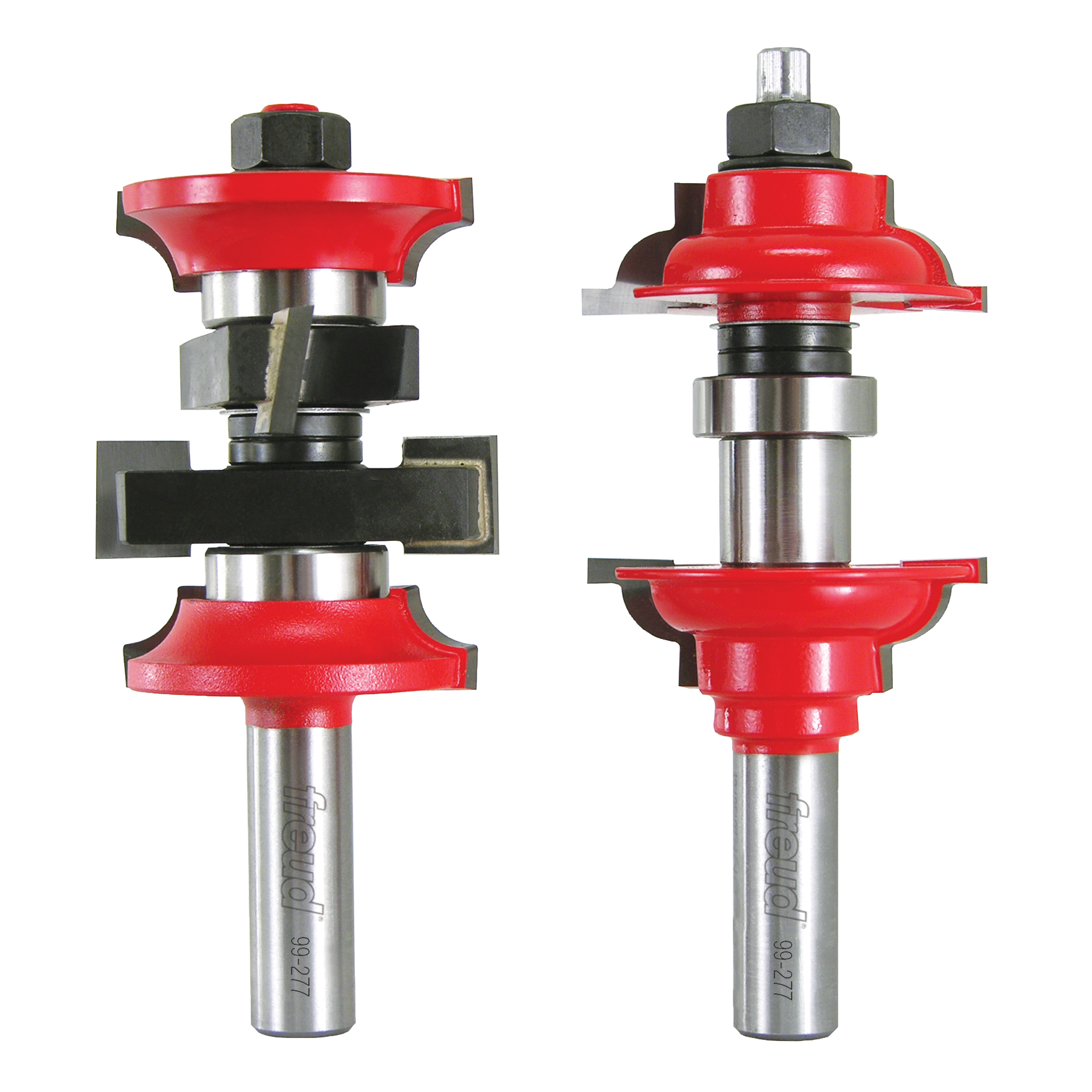 Two red and silver router bits with interchangeable cutting heads and black components on metal shanks.