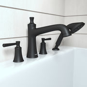 Matte black four-hole Roman tub trim set with curved spout, handheld showerhead, and lever handles mounted on white bathtub e