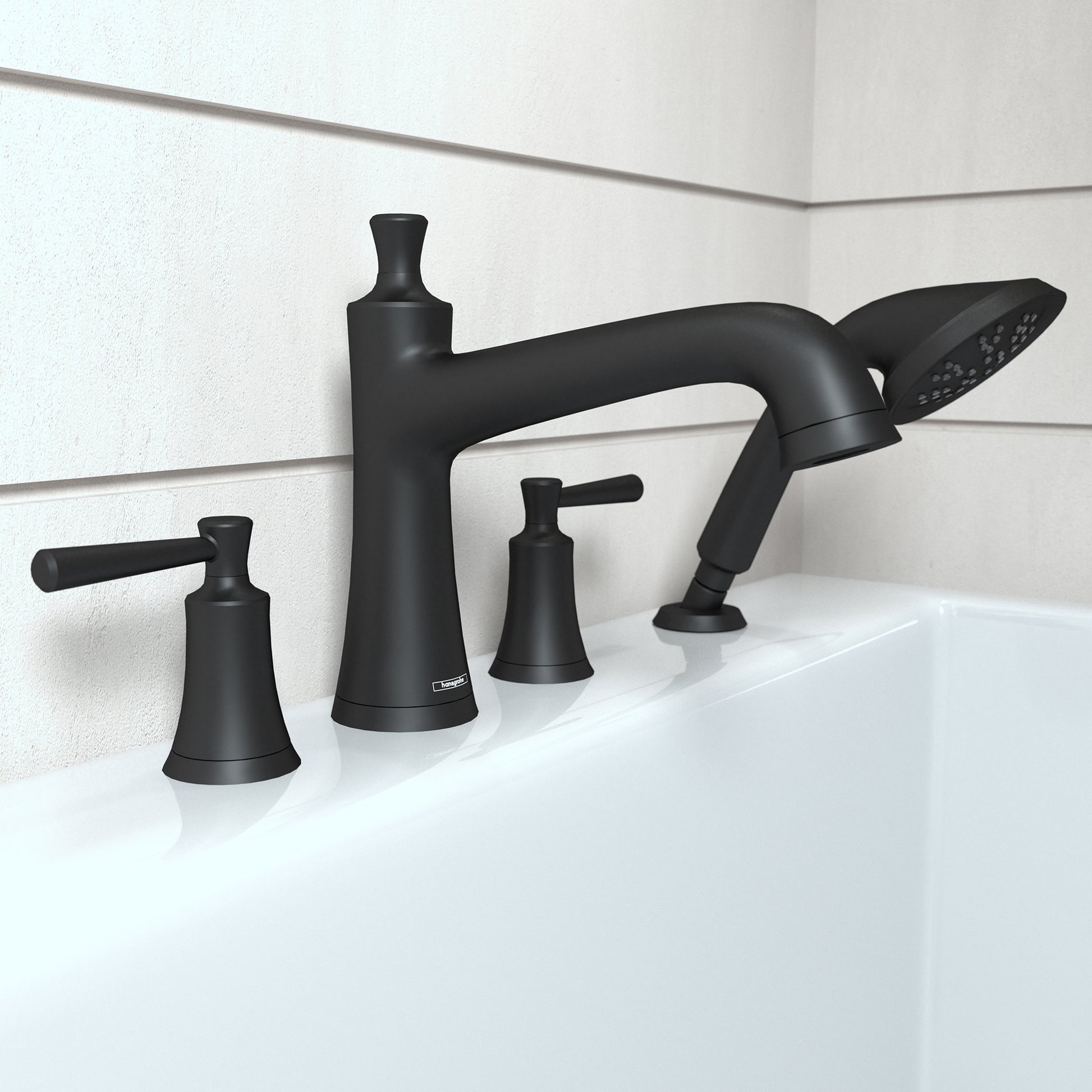 Matte black four-hole Roman tub trim set with curved spout, handheld showerhead, and lever handles mounted on white bathtub e