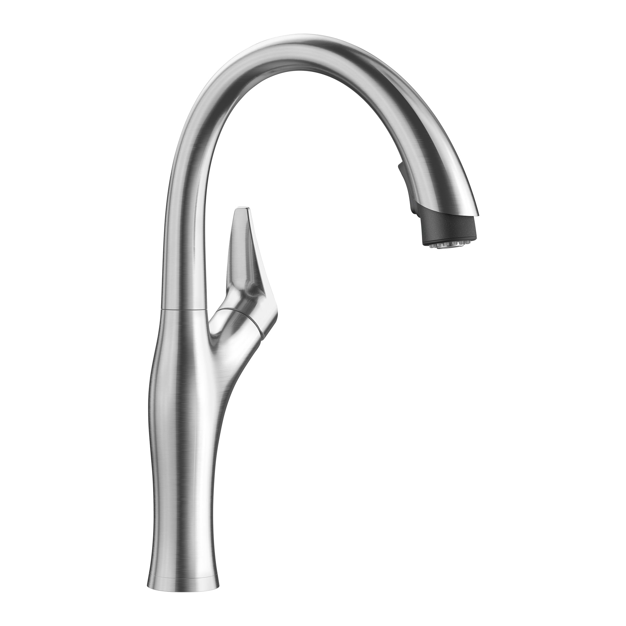 Stainless steel kitchen faucet with curved spout and pull-down spray head in matte finish.