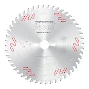 Circular saw blade with gray teeth around perimeter, central arbor hole, red wavy markings, and Freud branding on silver stee