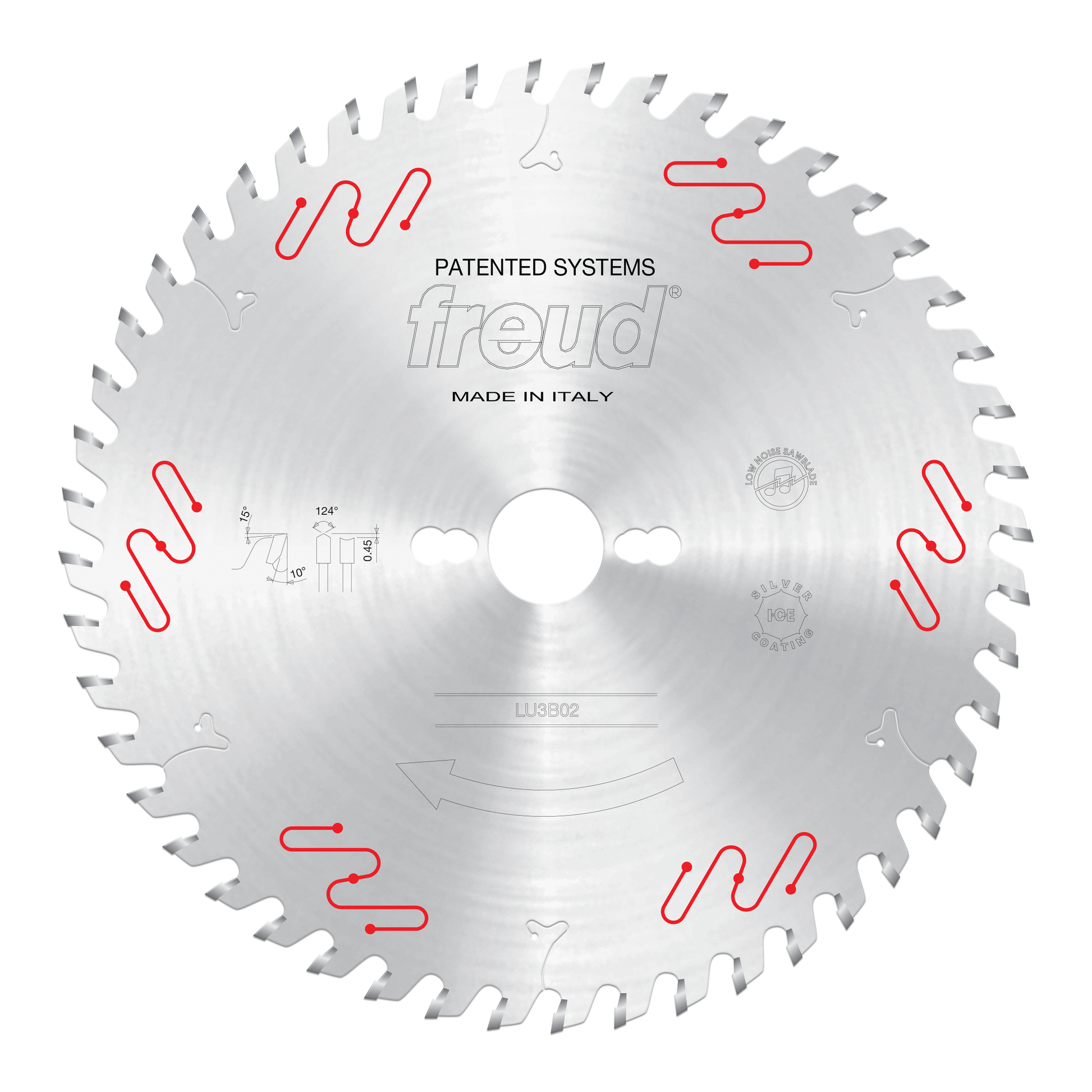 Circular saw blade with gray teeth around perimeter, central arbor hole, red wavy markings, and Freud branding on silver stee