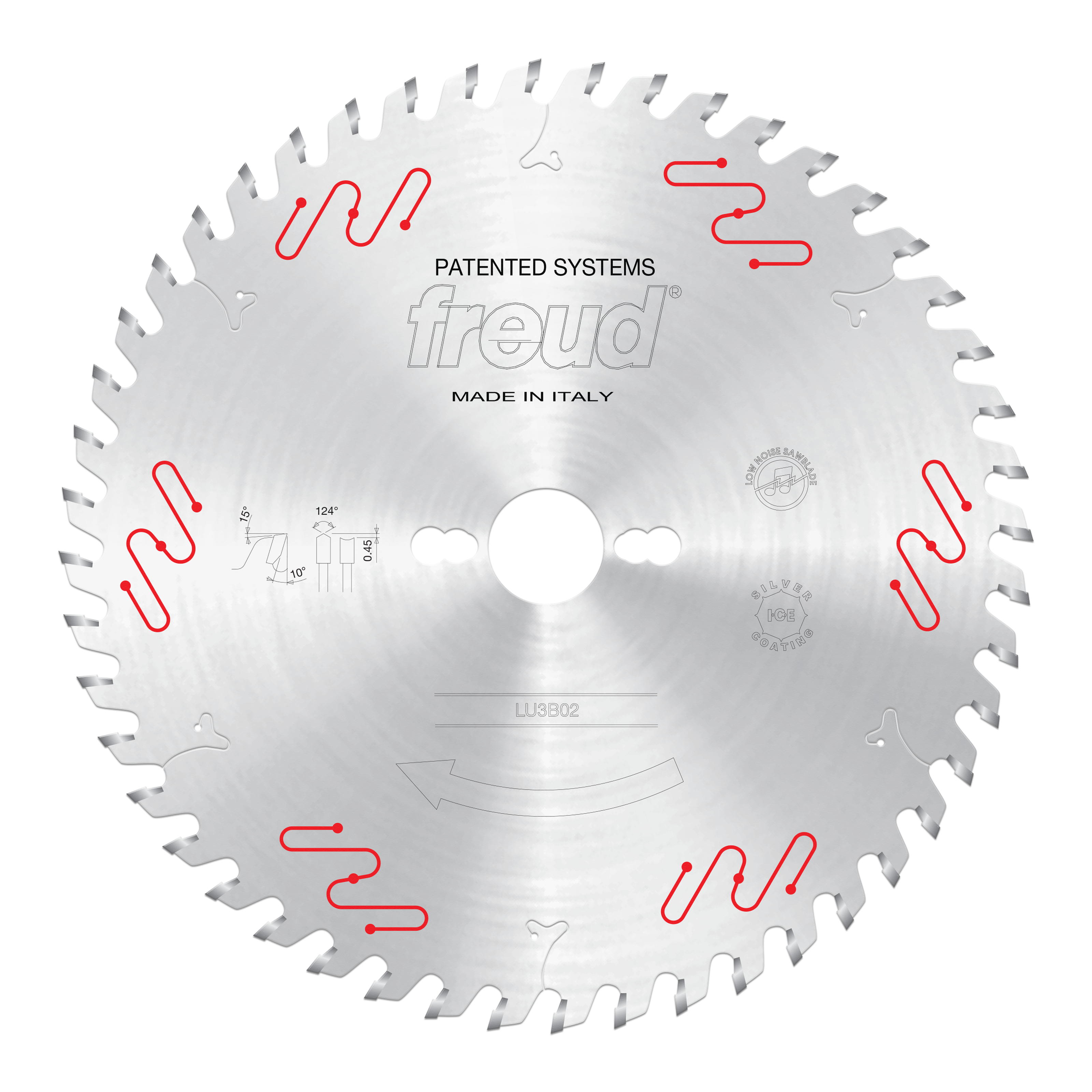 Circular saw blade with gray teeth around perimeter, central arbor hole, red wavy markings, and Freud branding on silver stee