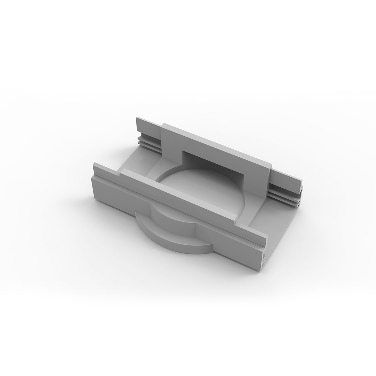 Gray plastic linear drain component with curved center channel and mounting flanges on sides.