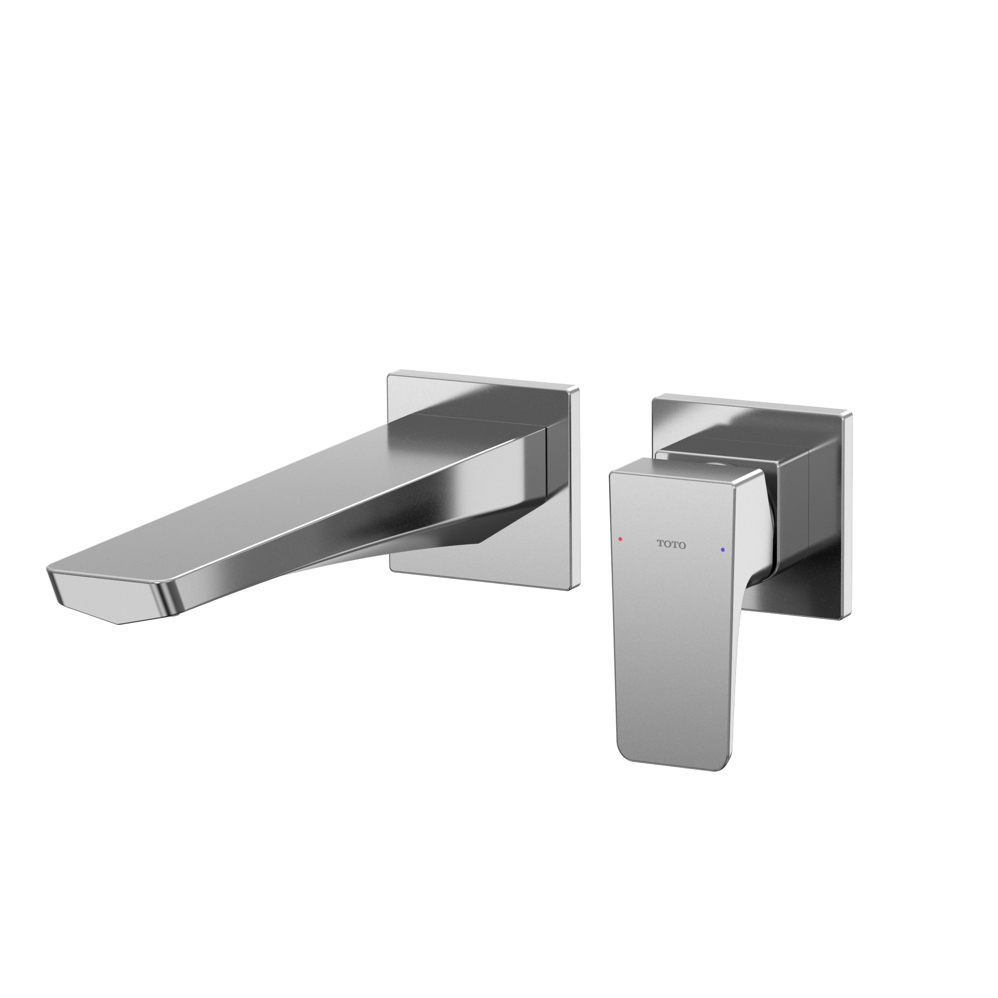 Polished chrome wall-mount bathroom faucet with single handle and elongated spout.