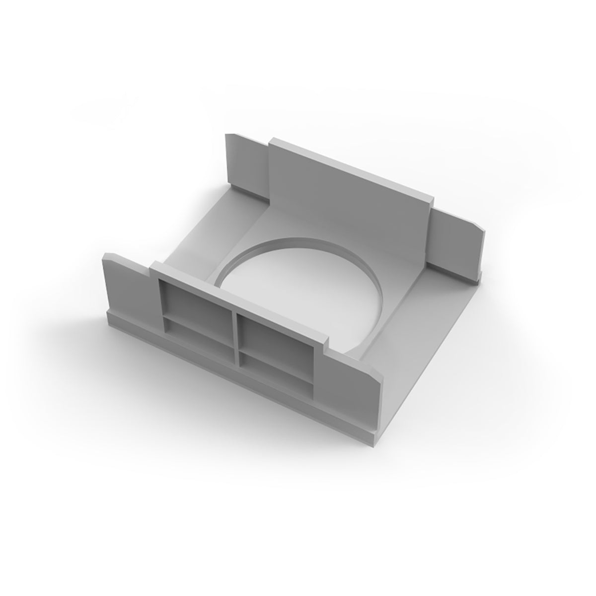 Gray PVC outlet section with circular opening and rectangular side walls for drainage system connection.