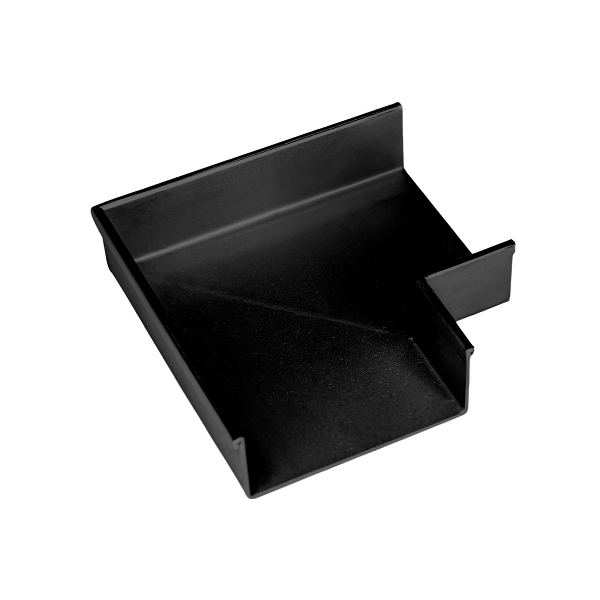 Matte black linear drain component with sloped interior basin and side outlet port.