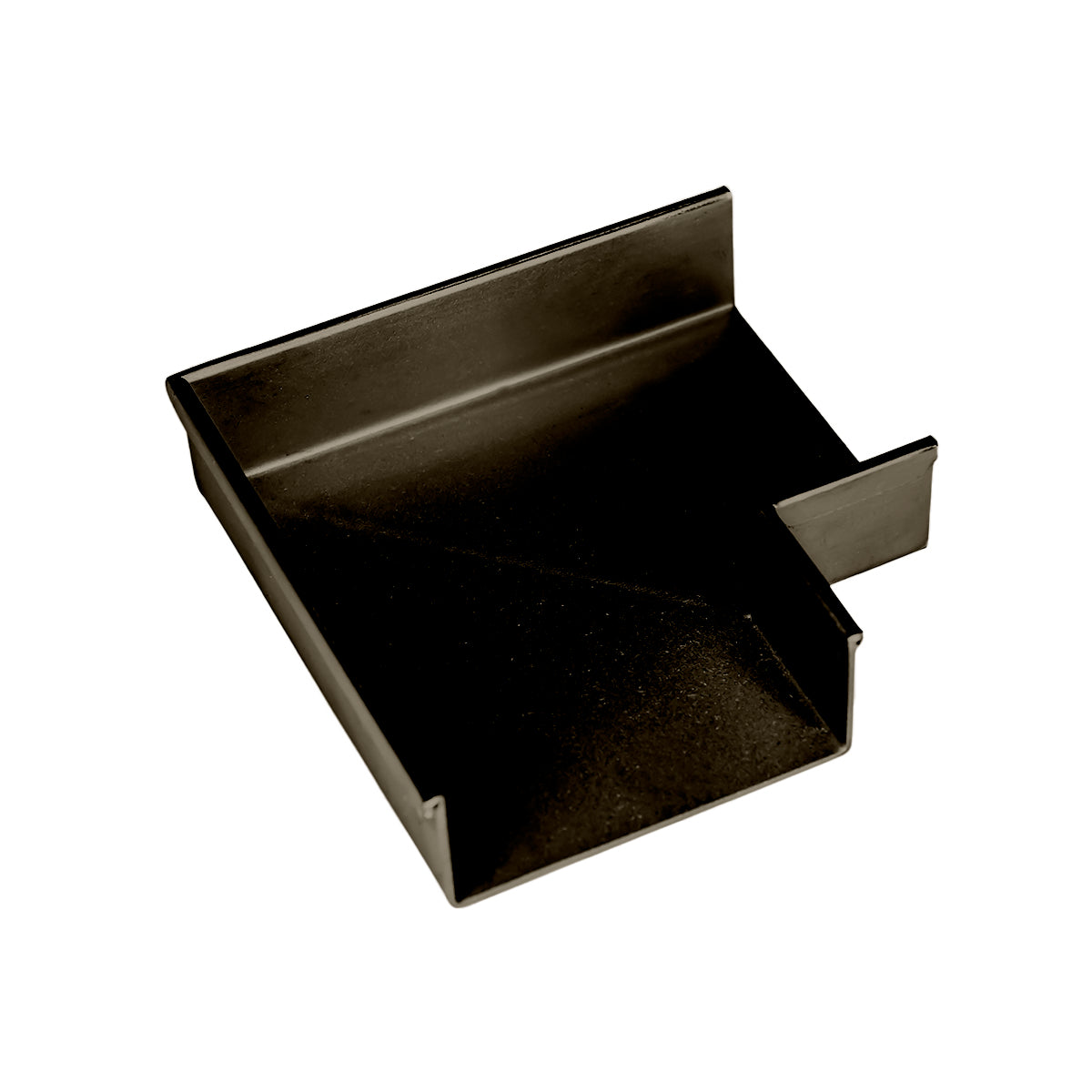 Oil rubbed bronze linear drain component with rectangular basin and side outlet connection.