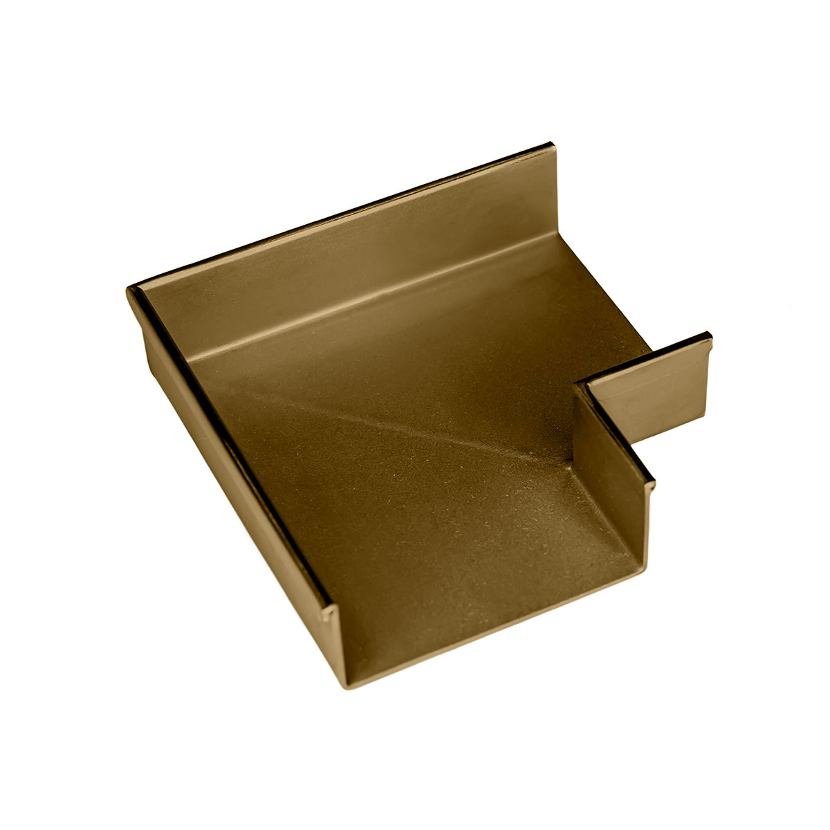 Satin bronze linear drain component with rectangular basin and side outlet connector.