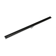 Matte black linear drain with slotted grate and stainless steel outlet fitting, 72 inches long.
