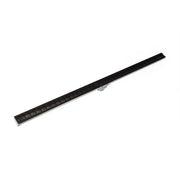 Oil rubbed bronze linear drain with slotted grate design and small outlet port.