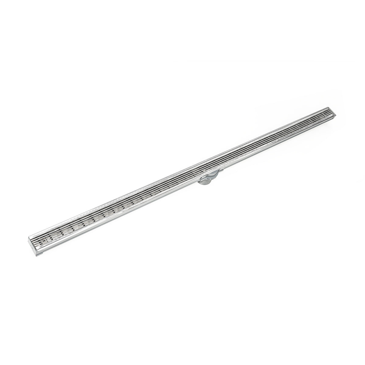 Polished stainless steel linear drain with horizontal slat grate and adjustment feet, 36 inches long.