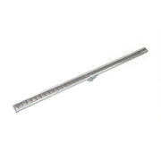Polished stainless steel linear drain with horizontal slat design and side outlet connector.