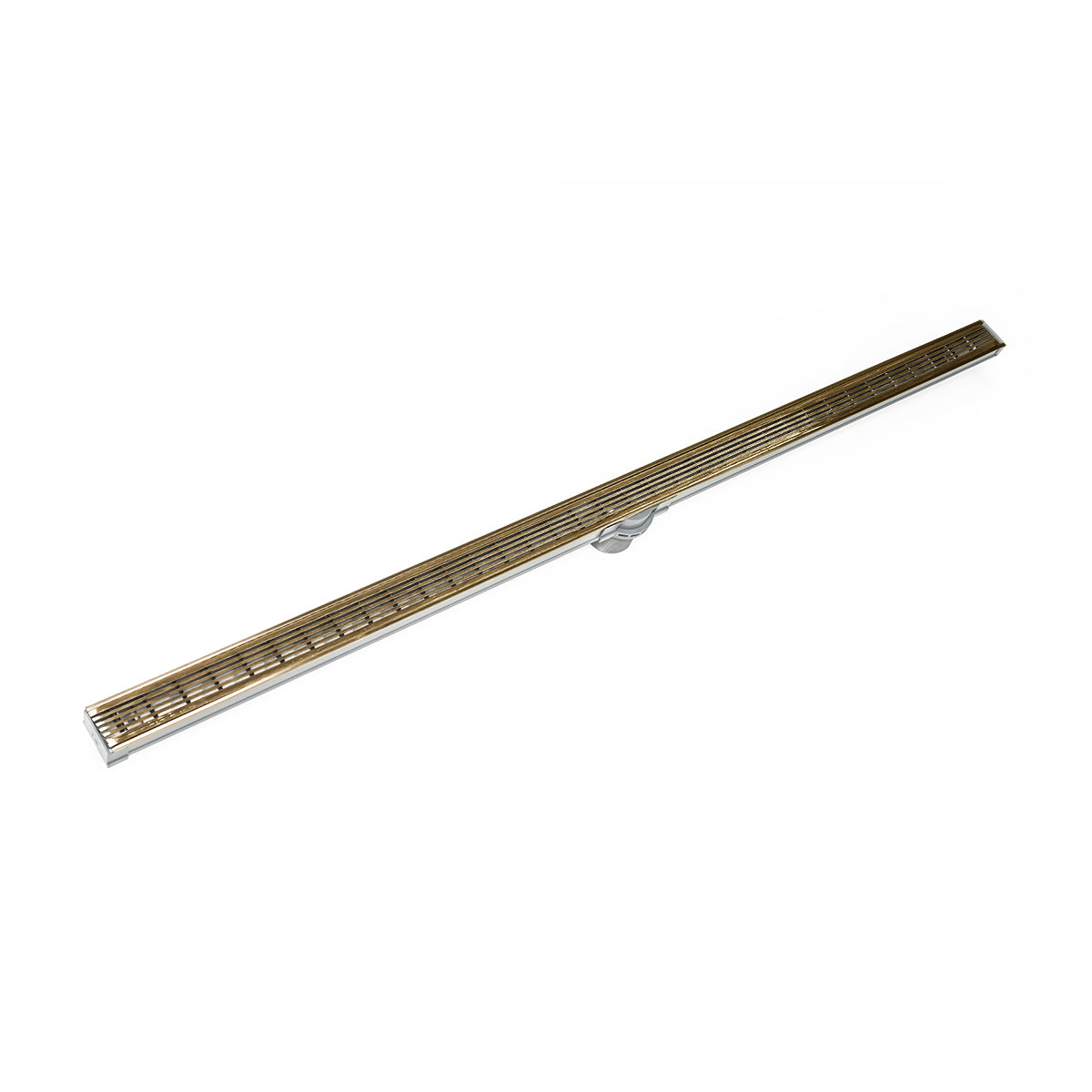 Satin bronze linear drain with horizontal slat grating pattern and metal frame, 48 inches long.