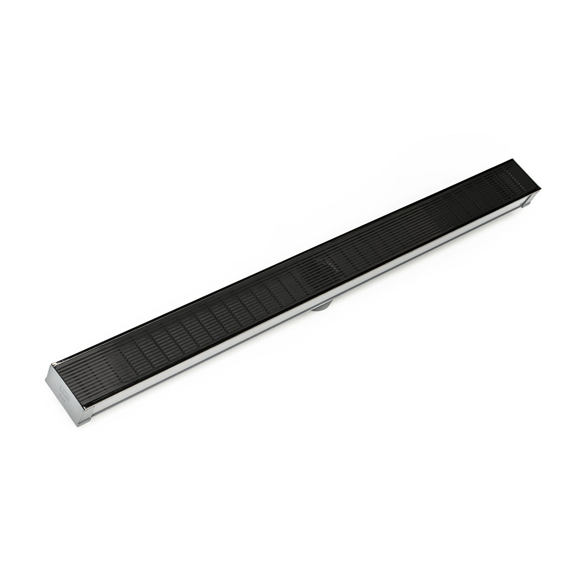 Matte black linear drain with horizontal slat grate and silver trim edges on white background.