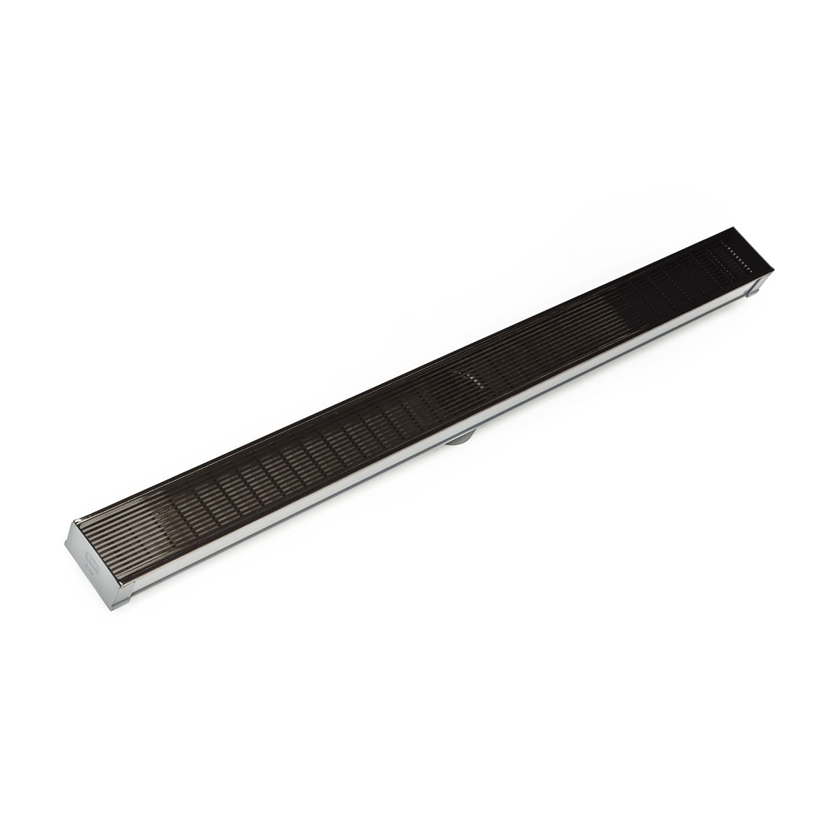 Oil rubbed bronze linear drain with horizontal slat grate and stainless steel base, 60 inches long.