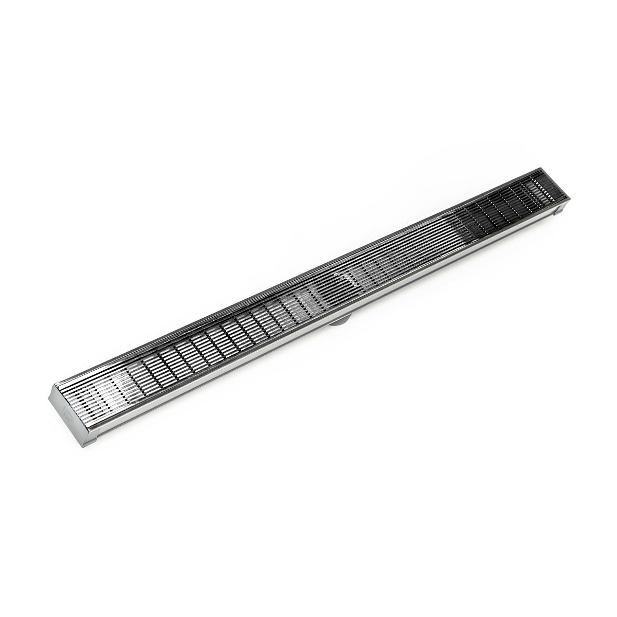 Polished stainless steel linear drain with slotted grate top and rectangular body, approximately 36 inches long.