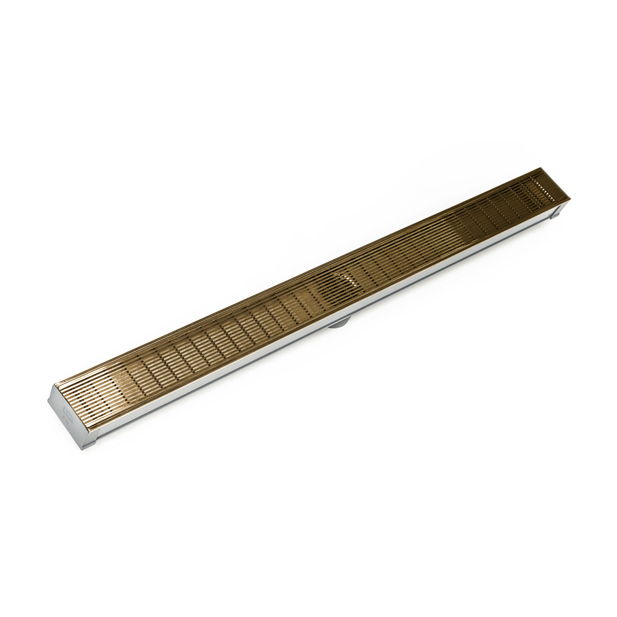 Satin bronze linear drain with horizontal slat grate and white trim base, 72 inches long.
