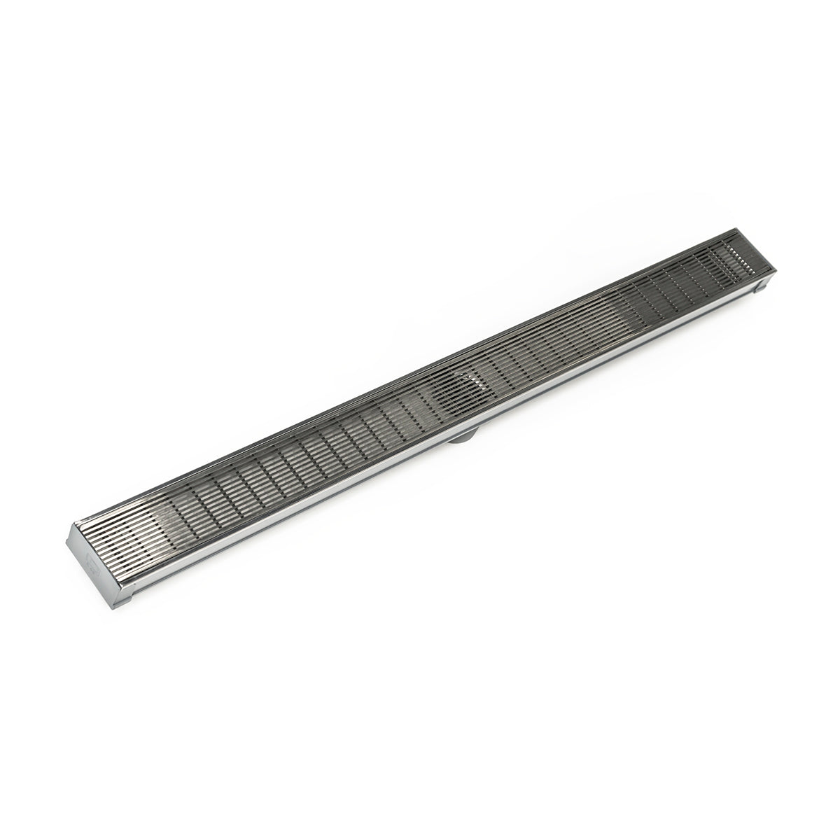 Linear floor drain with satin stainless steel wedge wire grate and sloped channel body, 96 inches long.