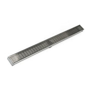 Satin stainless steel linear drain with parallel slot grate design and angled end pieces.