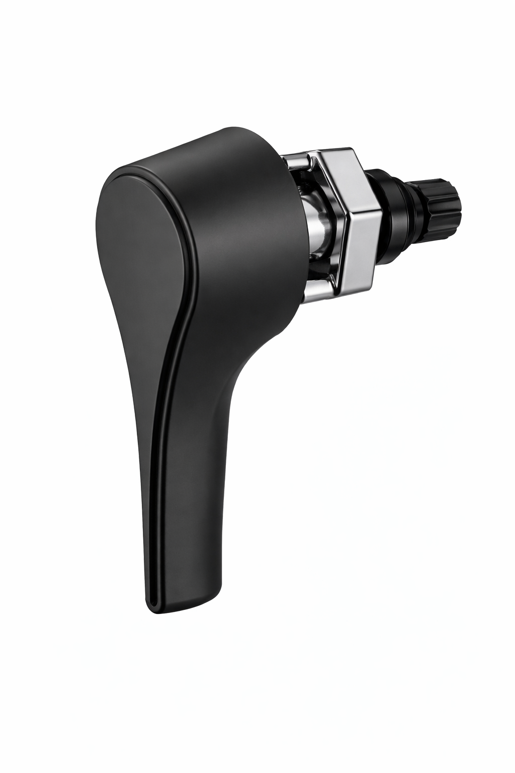 Matte black trip lever handle with chrome mounting bracket and internal mechanisms for dual flush toilet operation.