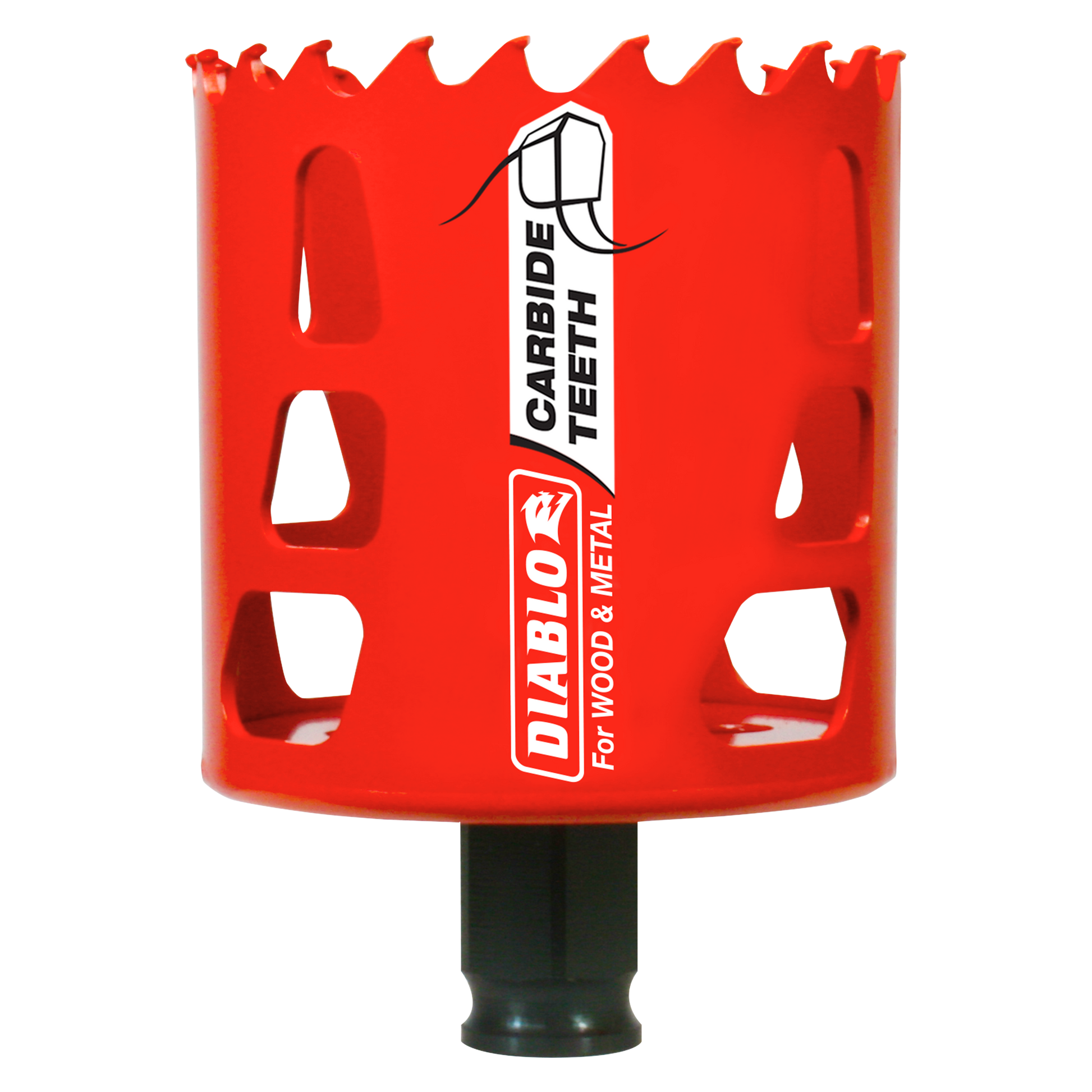 Red Diablo carbide-tipped holesaw with jagged cutting edge and black arbor shaft for wood and metal drilling.