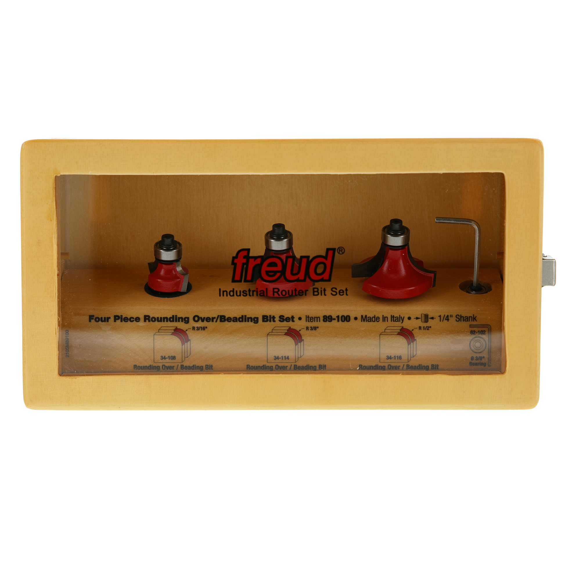 Three red round over and beading router bits with 1/4" shanks in yellow Freud packaging.