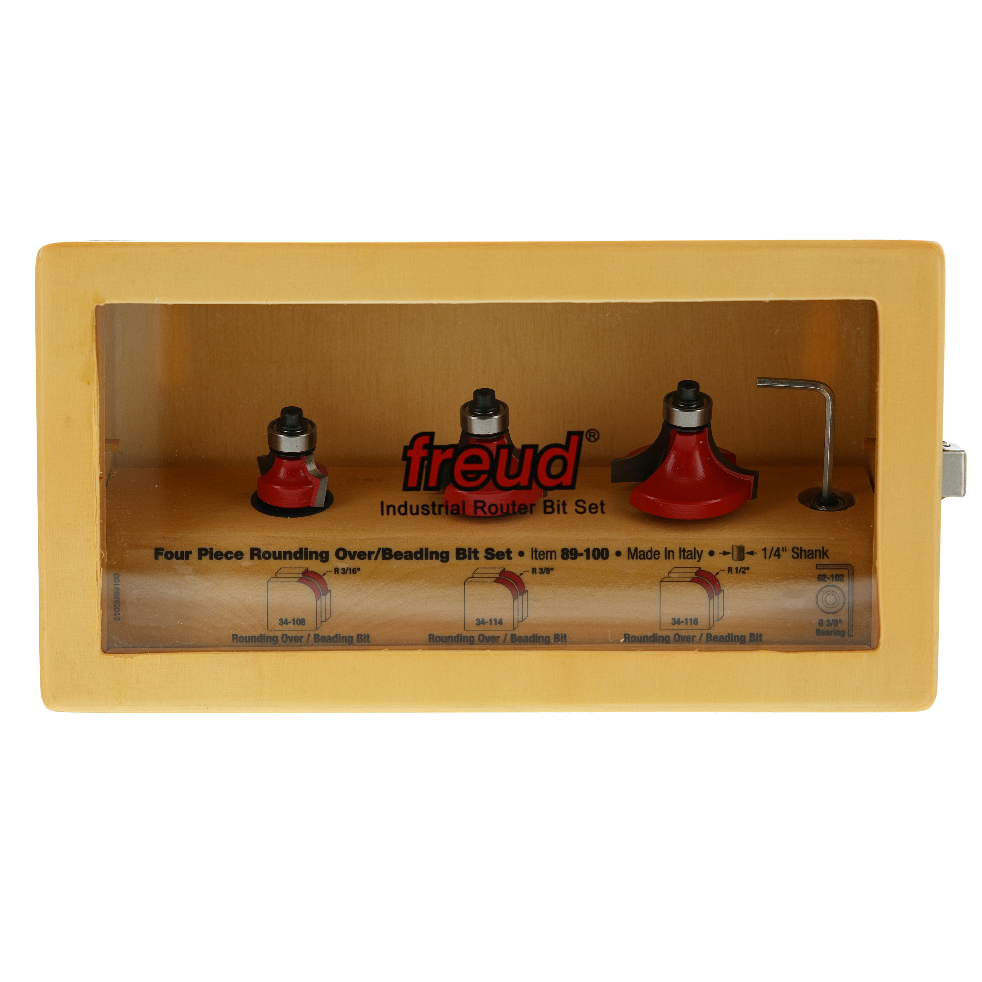 Three red round over and beading router bits with 1/4" shanks in yellow Freud packaging.