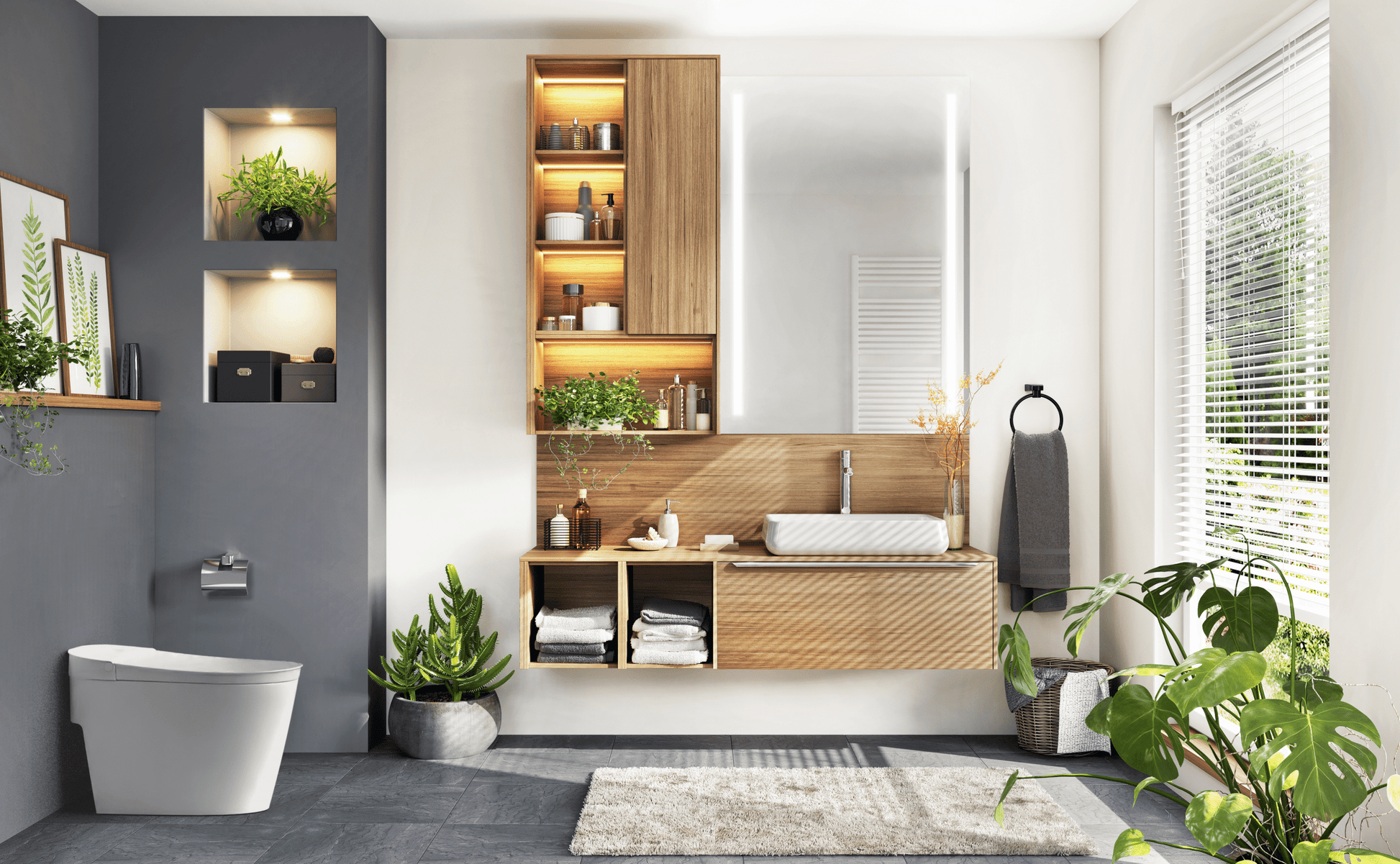 White one-piece tankless toilet with curved design positioned in modern bathroom corner beside gray wall.