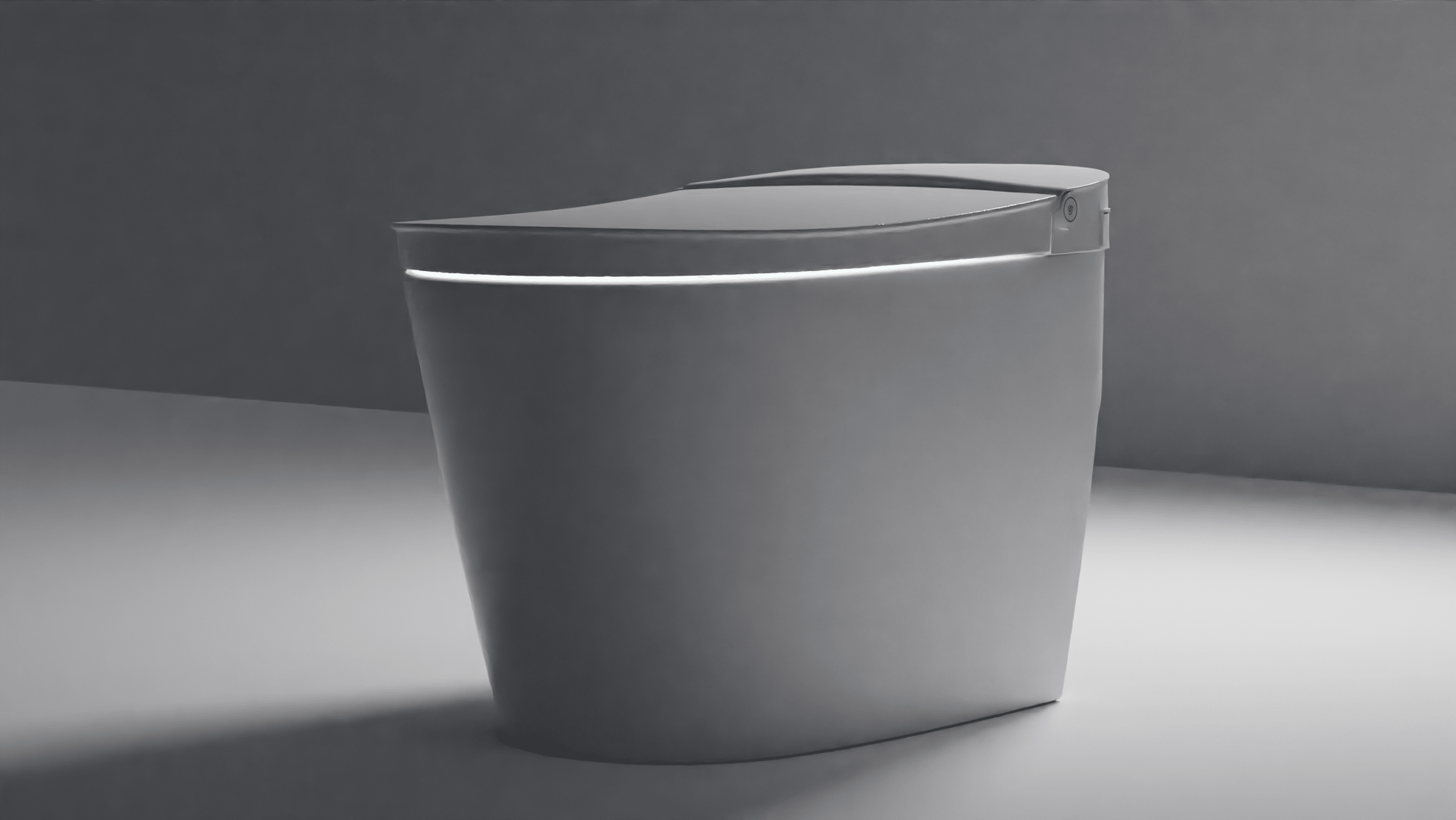 White one-piece tankless toilet with curved bowl, integrated seat, and side-mounted control panel.