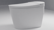 White one-piece tankless toilet with elongated seat and integrated control panel on right side.