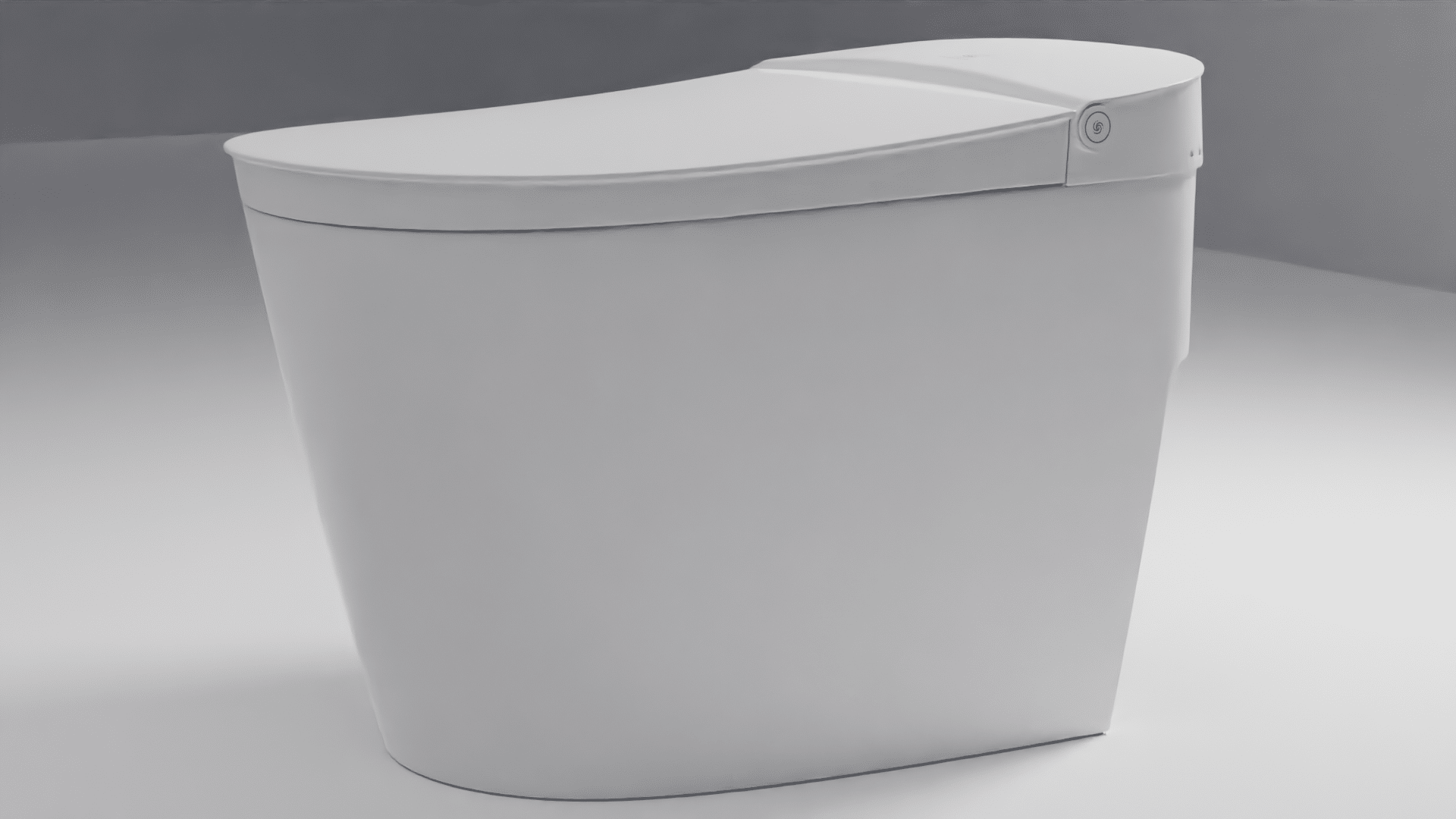 White one-piece tankless toilet with elongated seat and integrated control panel on right side.