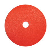 Red circular sanding disc with center hole and gritty texture surface.