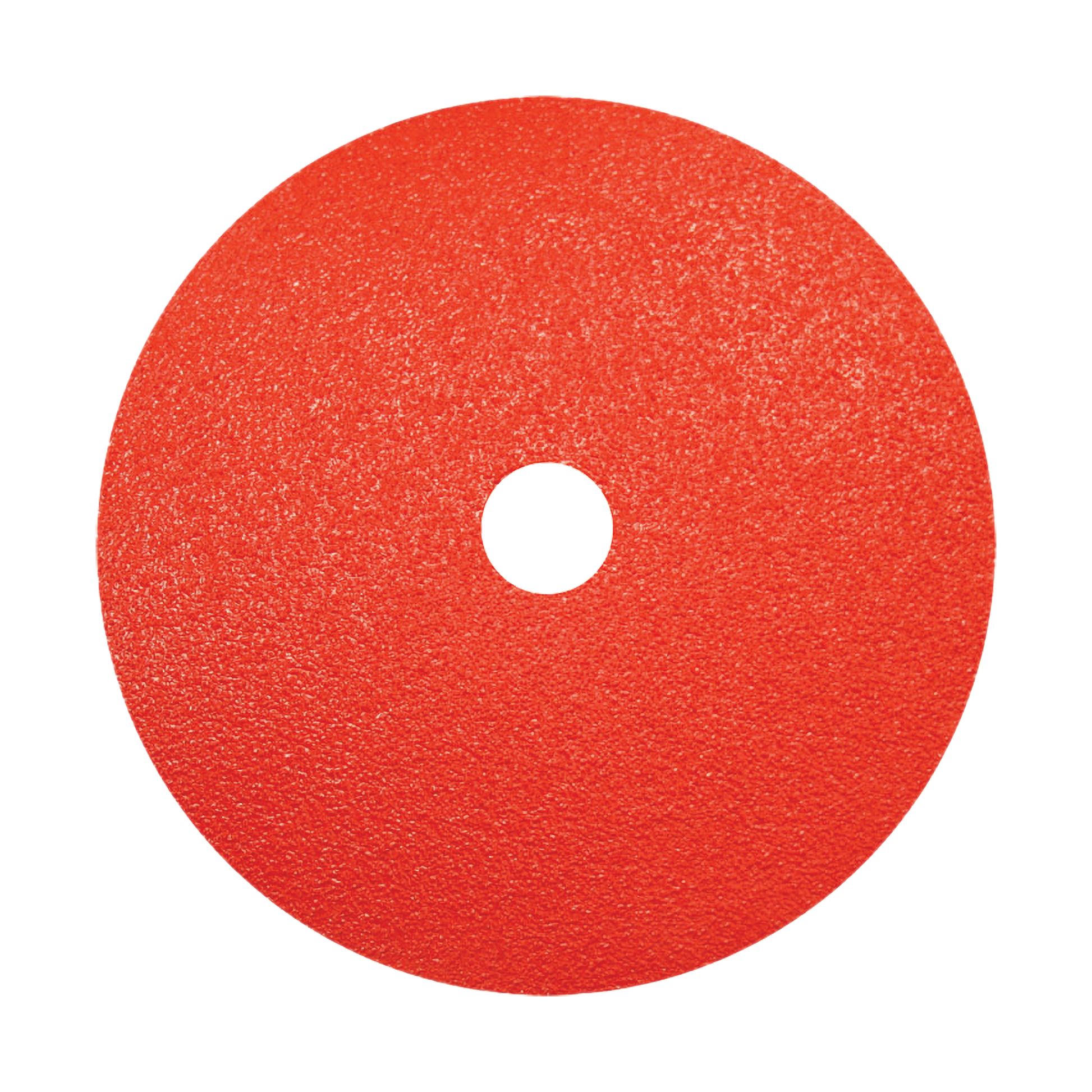 Red circular sanding disc with center hole and textured abrasive surface.