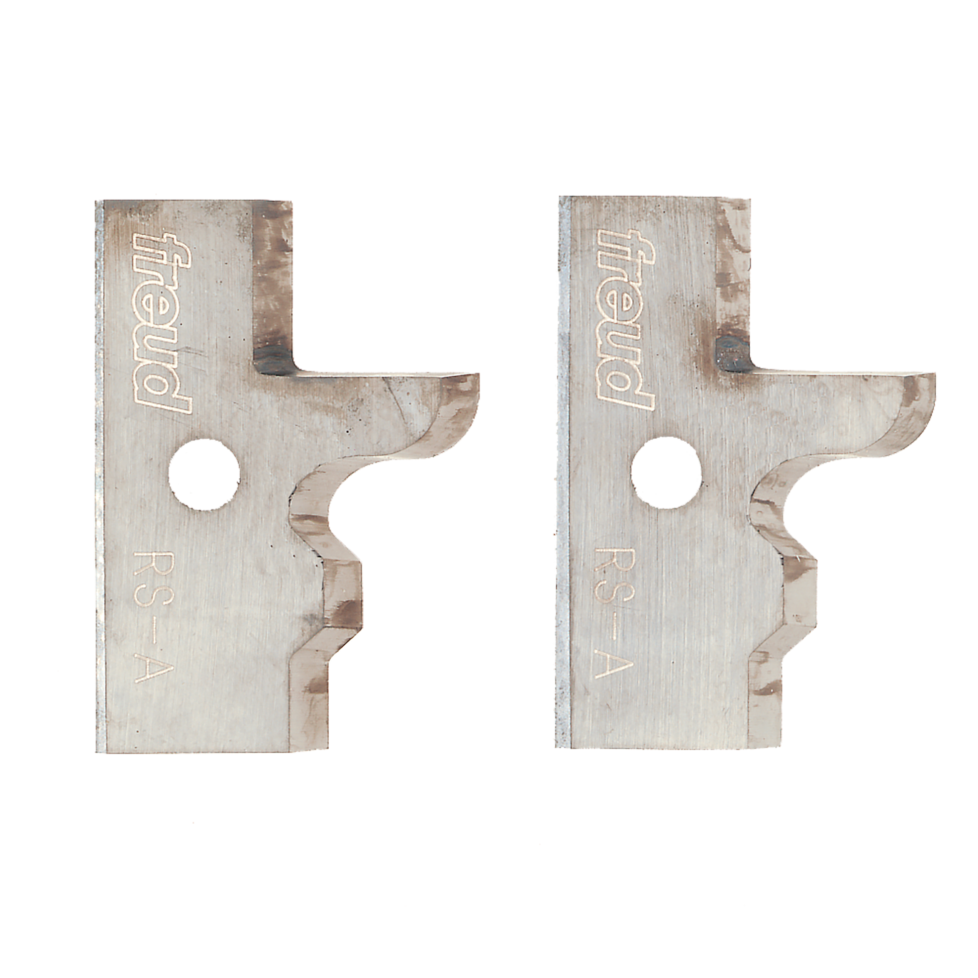 Two metallic Freud RS-A profile knives with curved cutting edges and mounting holes.