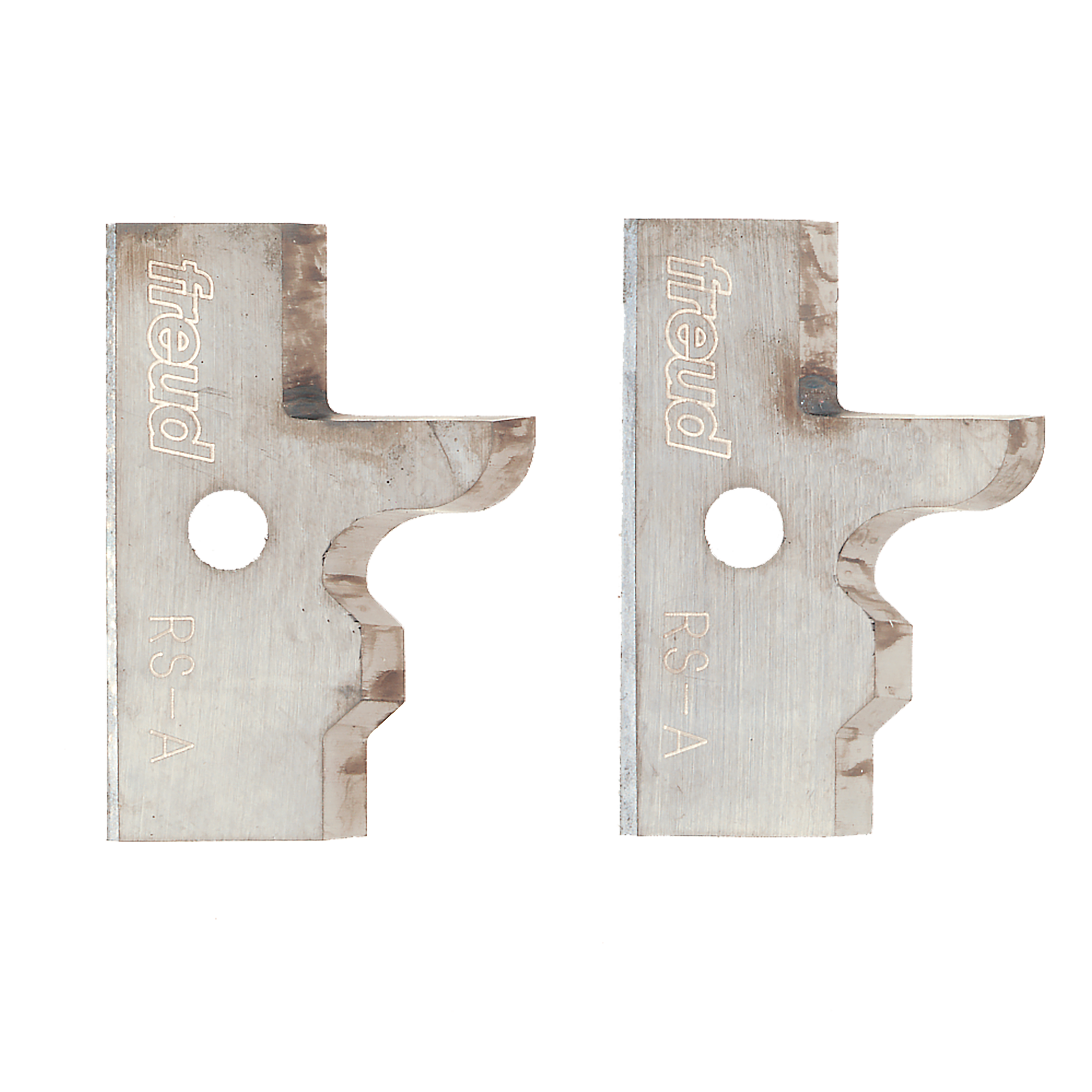 Two metallic Freud RS-A profile knives with curved cutting edges and mounting holes.