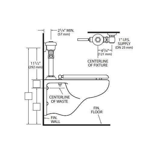 Technical diagram showing Sloan 110XL flush valve installation with supply connection, waste centerline, and mounting dimensi