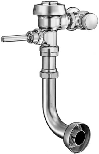 Chrome exposed flushometer valve with outlet pipe and control handle for toilet installation.