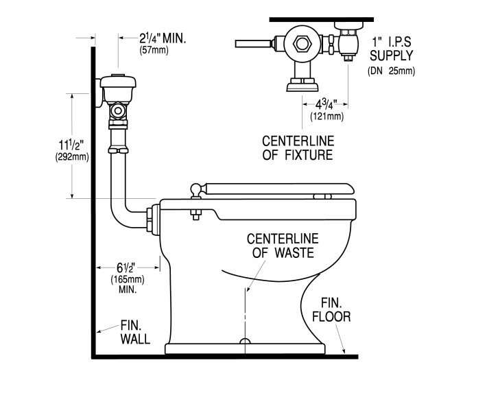 Technical installation diagram showing flushometer placement, dimensions, and water supply connections for wall-mounted toile