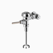 Chrome urinal flush valve with lever handle and polished metal components on white background.