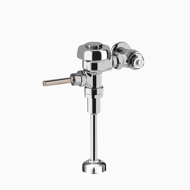 Chrome urinal flush valve with lever handle and polished metal components on white background.