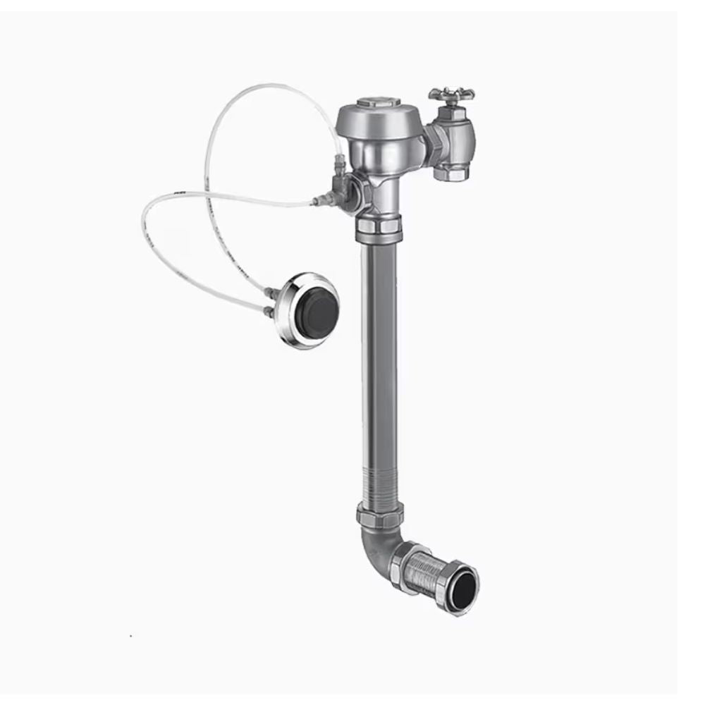 Chrome exposed hydraulic water closet flushometer with dome valve, supply lines, and foot pedal actuator.