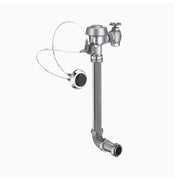 Chrome exposed hydraulic water closet flushometer with dome valve, supply lines, and foot pedal actuator.