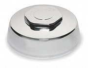 Chrome and white plastic cover cap with dual-button flush mechanism for toilet tank.