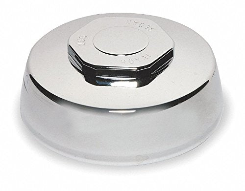 Chrome and white plastic cover cap with dual-button flush mechanism for toilet tank.