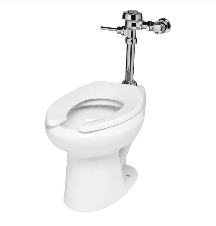 White ceramic toilet with chrome flush valve mounted on top and lever handle on right side.