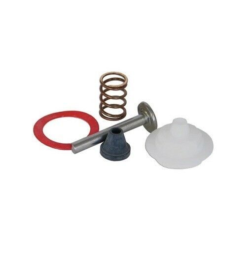 Repair kit containing a red rubber gasket, metal coil spring, metal stem, black rubber cone, and white rubber diaphragm.