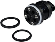 Black piston assembly with chrome ring and metal fasteners, accompanied by two rubber gasket seals.