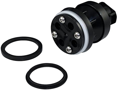Black piston assembly with chrome ring and metal fasteners, accompanied by two rubber gasket seals.